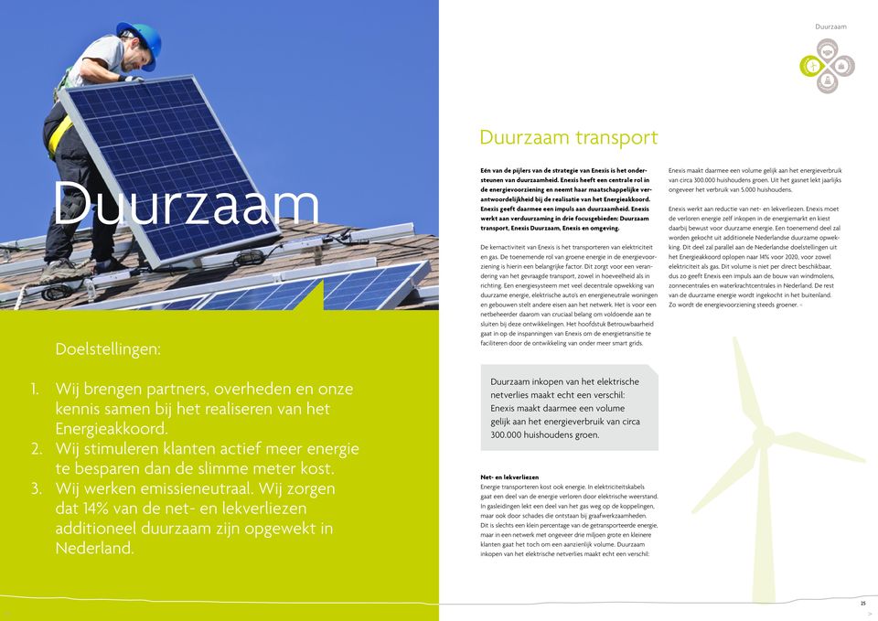 Wij zorgen dat 14% van de net- en lekverliezen additioneel duurzaam zijn opgewekt in Nederland. Duurzaam transport Eén van de pijlers van de strategie van Enexis is het ondersteunen van duurzaamheid.