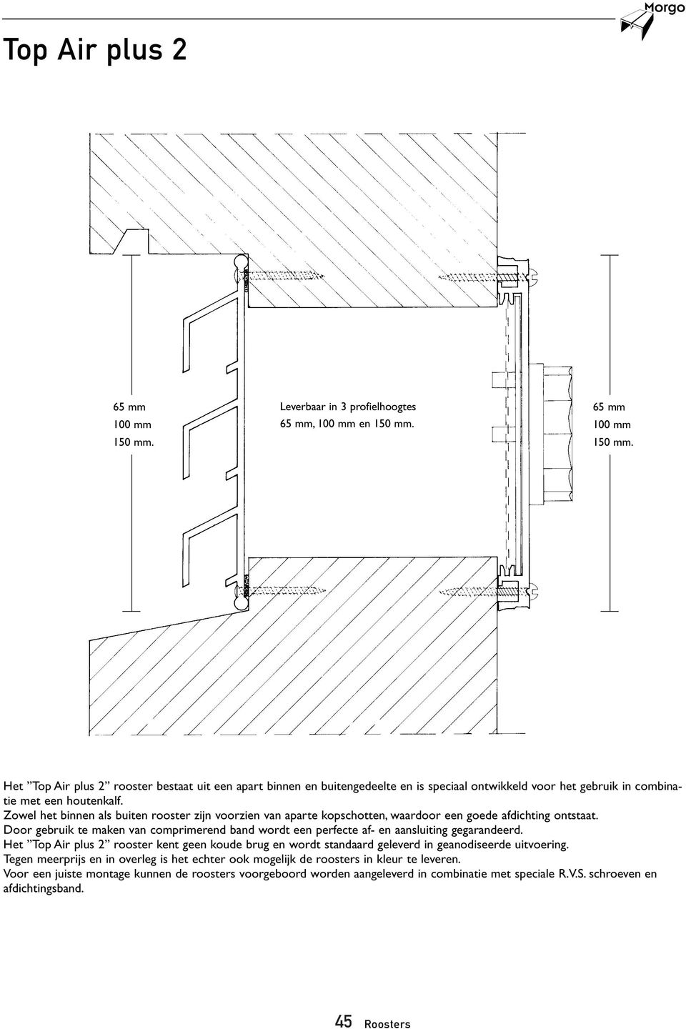 Door gebruik te maken van comprimerend band wordt een perfecte af- en aansluiting gegarandeerd. Het Top Air plus 2 rooster kent geen koude brug en wordt standaard geleverd in geanodiseerde uitvoering.