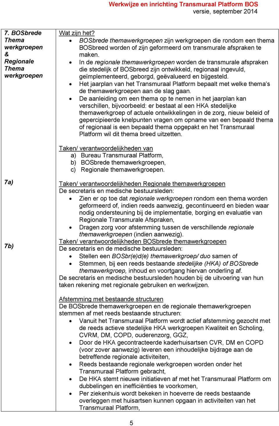 In de regionale themawerkgroepen worden de transmurale afspraken die stedelijk of BOSbreed zijn ontwikkeld, regionaal ingevuld, geïmplementeerd, geborgd, geëvalueerd en bijgesteld.
