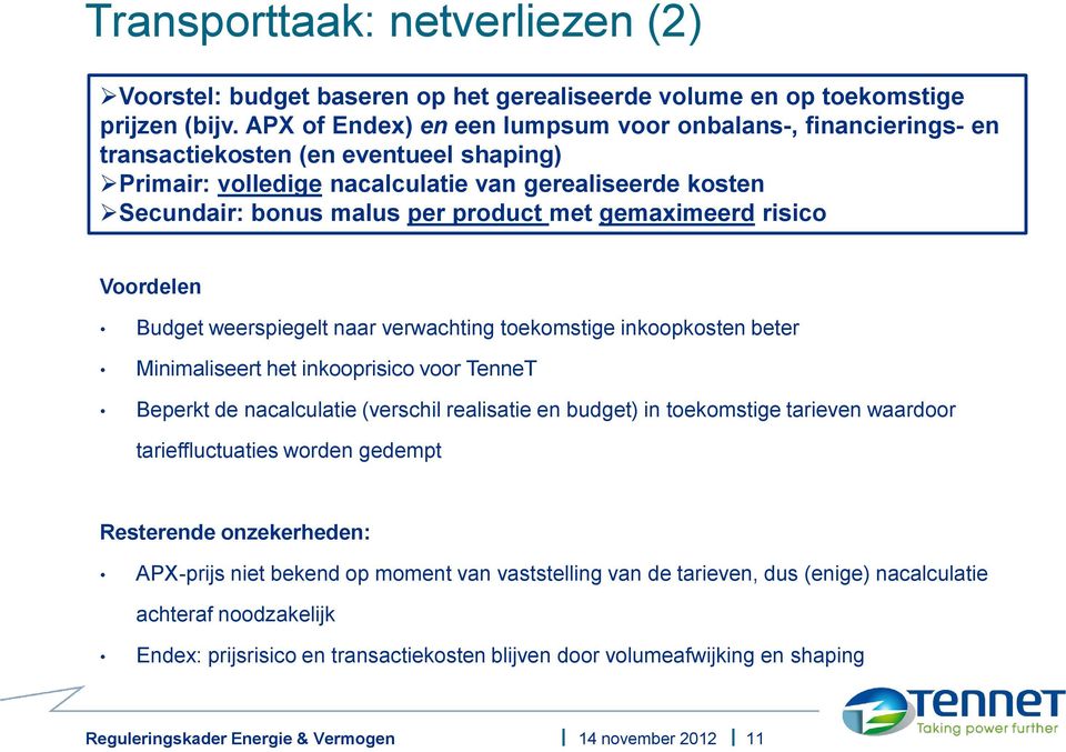 gemaximeerd risico Voordelen Budget weerspiegelt naar verwachting toekomstige inkoopkosten beter Minimaliseert het inkooprisico voor TenneT Beperkt de nacalculatie (verschil realisatie en budget) in