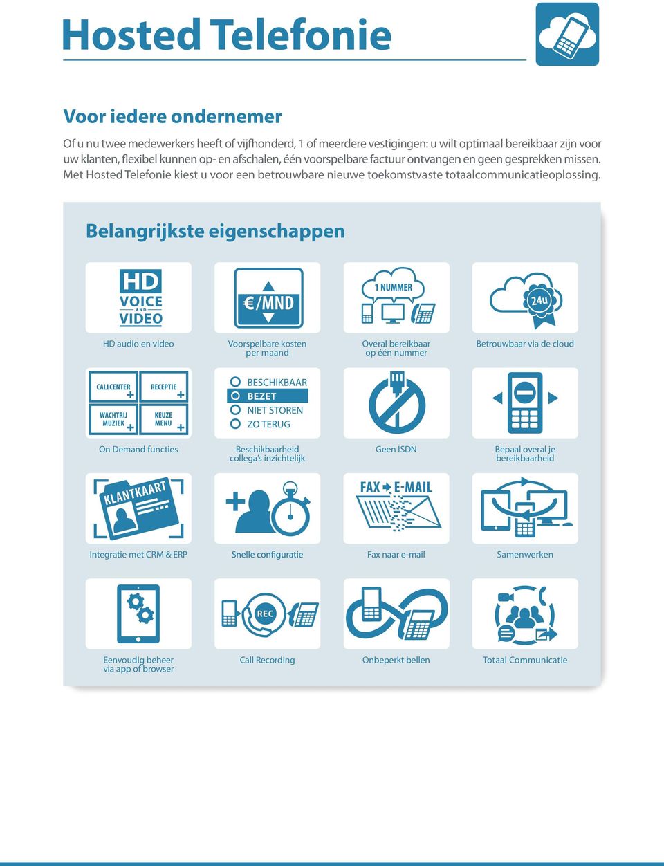 Belangrijkste eigenschappen HD audio en video Voorspelbare kosten per maand Overal bereikbaar op één nummer Betrouwbaar via de cloud On Demand functies