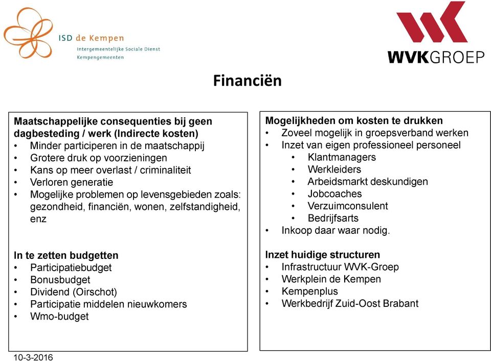 (Oirschot) Participatie middelen nieuwkomers Wmo-budget Mogelijkheden om kosten te drukken Zoveel mogelijk in groepsverband werken Inzet van eigen professioneel personeel Klantmanagers