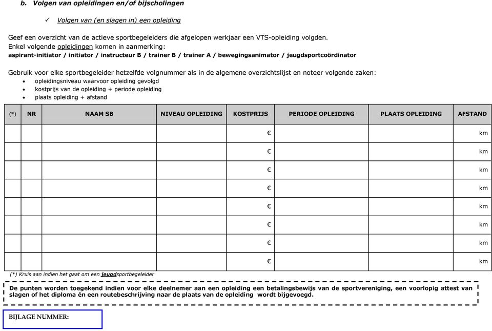 hetzelfde volgnummer als in de algemene overzichtslijst en noteer volgende zaken: opleidingsniveau waarvoor opleiding gevolgd kostprijs van de opleiding + periode opleiding plaats opleiding + afstand