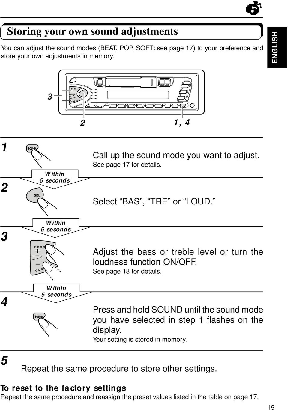 Adjust the bass or treble level or turn the loudness function ON/OFF. See page 8 for details.