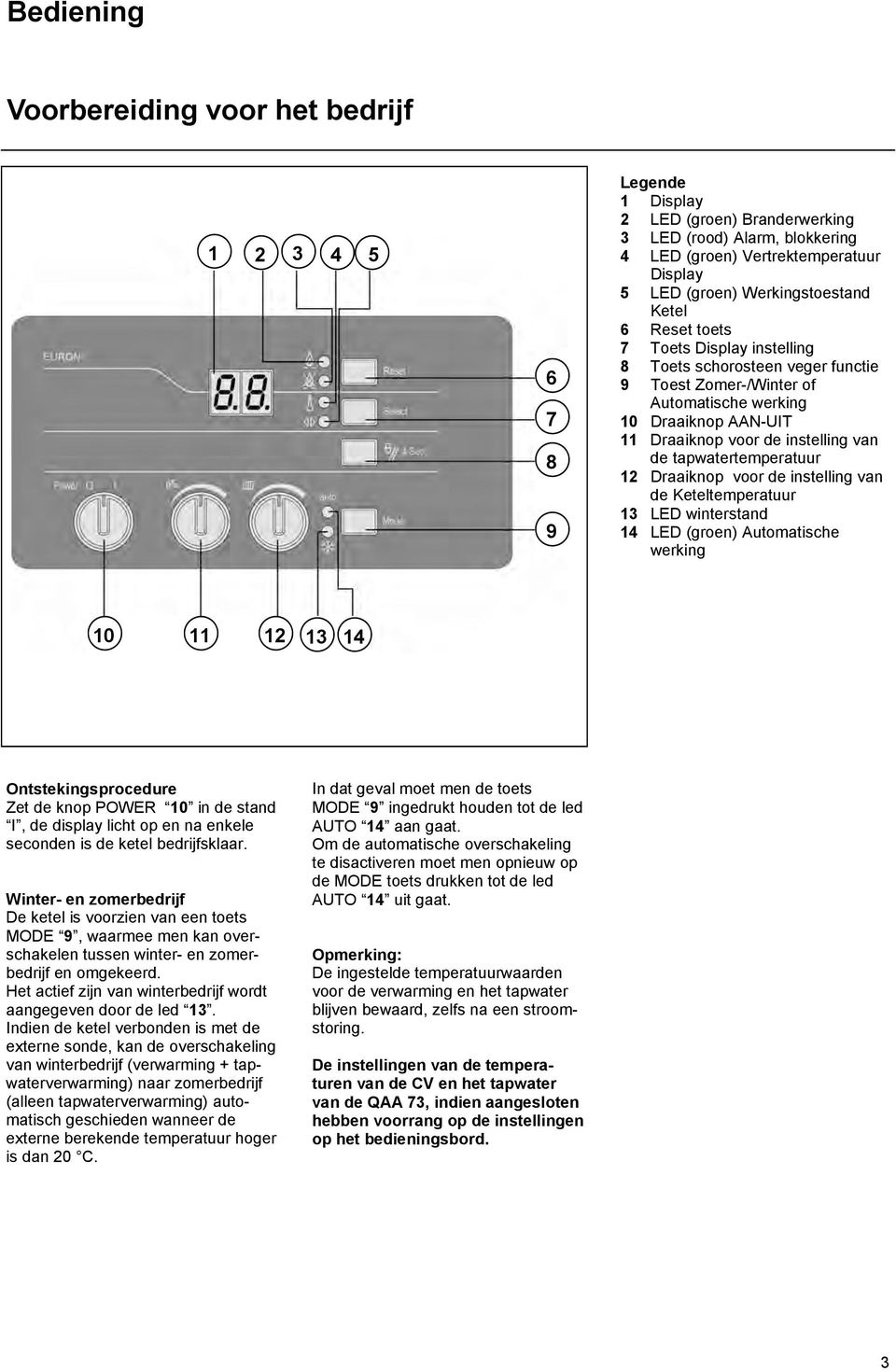 van de tapwatertemperatuur 12 Draaiknop voor de instelling van de Keteltemperatuur 13 LED winterstand 14 LED (groen) Automatische werking 10 11 12 13 14 Ontstekingsprocedure Zet de knop POWER 10 in