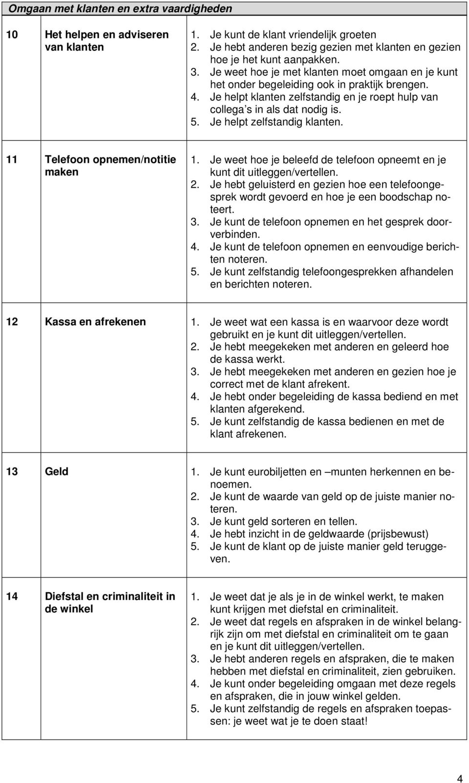 Je helpt zelfstandig klanten. 11 Telefoon opnemen/notitie maken 1. Je weet hoe je beleefd de telefoon opneemt en je kunt dit uitleggen/vertellen. 2.