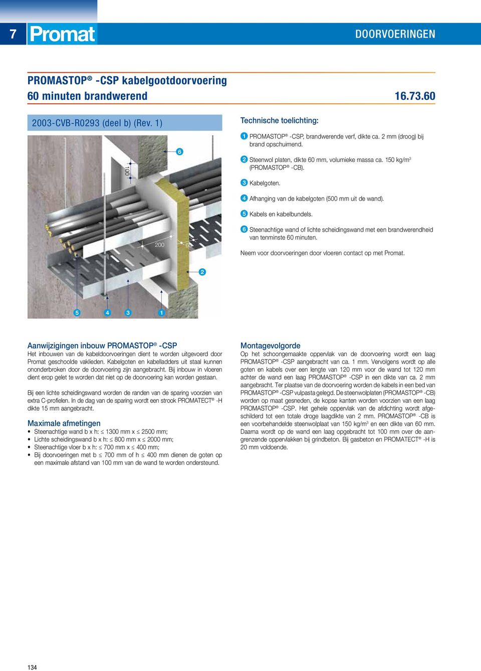 00 60 6 Steenachtige wand of lichte scheidingswand met een brandwerendheid van tenminste 60 minuten. Neem voor doorvoeringen door vloeren contact op met Promat.