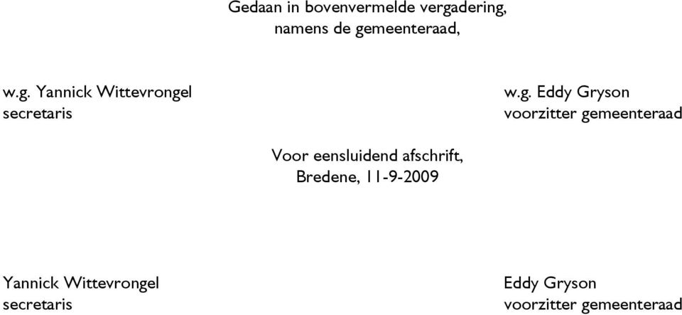 gemeenteraad Voor eensluidend afschrift, Bredene, 11-9-2009