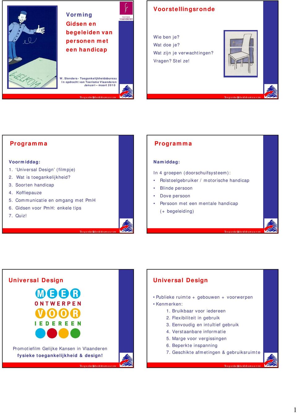 Namiddag: In 4 groepen (doorschuifsysteem): Rolstoelgebruiker / motorische handicap Blinde persoon Dove persoon Persoon met een mentale handicap (+ begeleiding) Universal Design Universal Design