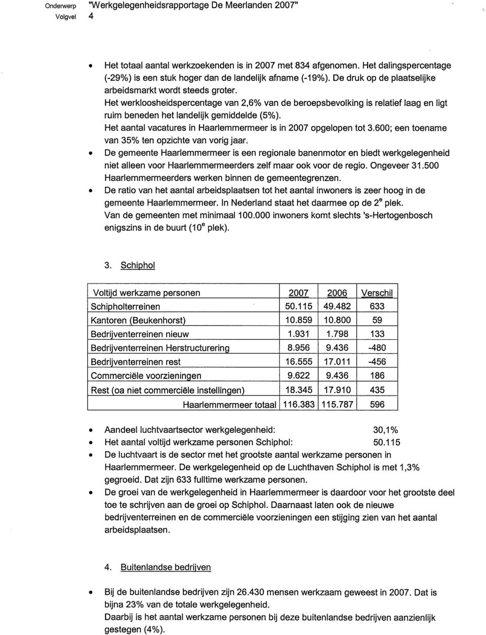 Het werkloosheidspercentage van 2,6% van de beroepsbevolking is relatief laag en ligt ruim beneden het landelijk gemiddelde (5%). Het aantal vacatures in Haarlemmermeer is in 2007 opgelopen tot 3.