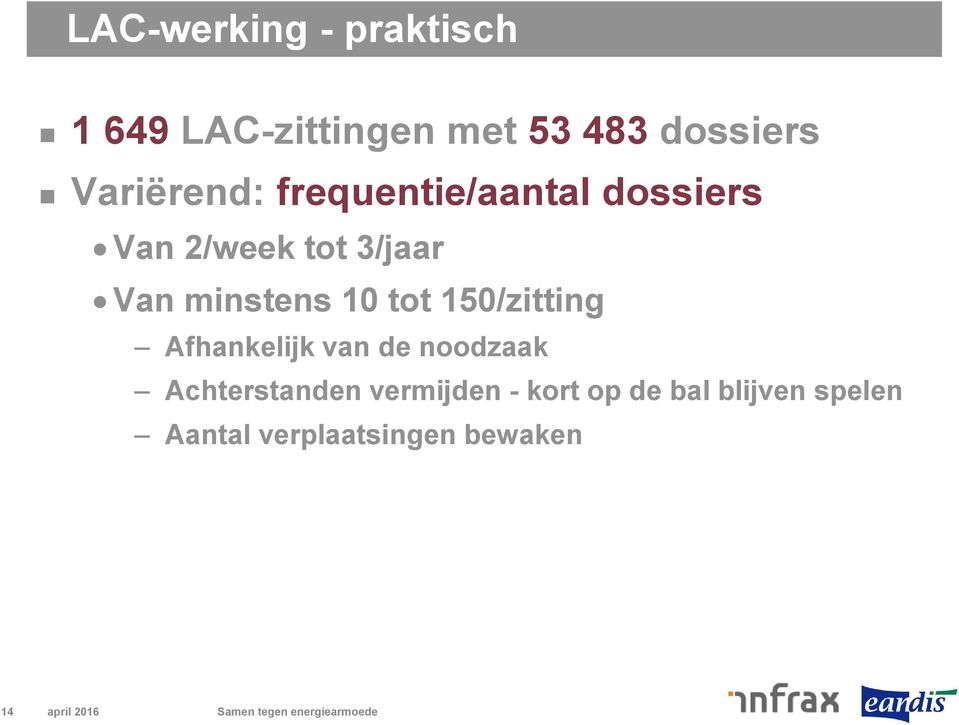 minstens 10 tot 150/zitting Afhankelijk van de noodzaak Achterstanden