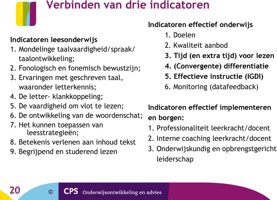 Het kunnen toepassen van leesstrategieën; 8. Betekenis verlenen aan inhoud tekst 9. Begrijpend en studerend lezen Indicatoren effectief onderwijs 1. Doelen 2. Kwaliteit aanbod 3.