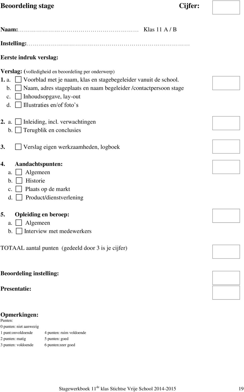 verwachtingen b. Terugblik en conclusies 3. Verslag eigen werkzaamheden, logboek 4. Aandachtspunten: a. Algemeen b. Historie c. Plaats op de markt d. Product/dienstverlening 5. Opleiding en beroep: a.