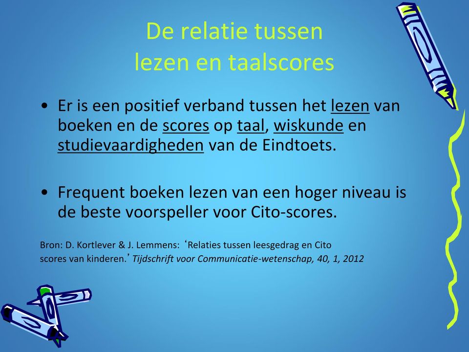 Frequent boeken lezen van een hoger niveau is de beste voorspeller voor Cito-scores. Bron: D.