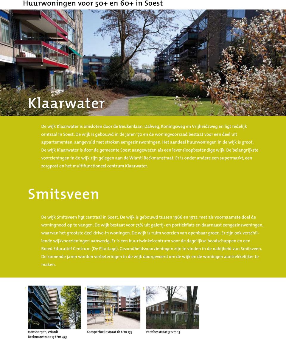 De wijk Klaarwater is door de gemeente Soest aangewezen als een levensloopbestendige wijk. De belangrijkste voorzieningen in de wijk zijn gelegen aan de Wiardi Beckmanstraat.
