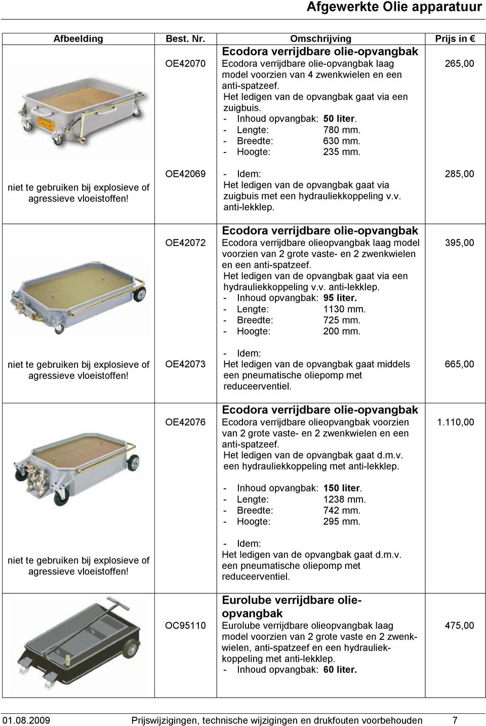 285,00 OE42072 Ecodora verrijdbare olie-opvangbak Ecodora verrijdbare olieopvangbak laag model voorzien van 2 grote vaste- en 2 zwenkwielen en een anti-spatzeef.