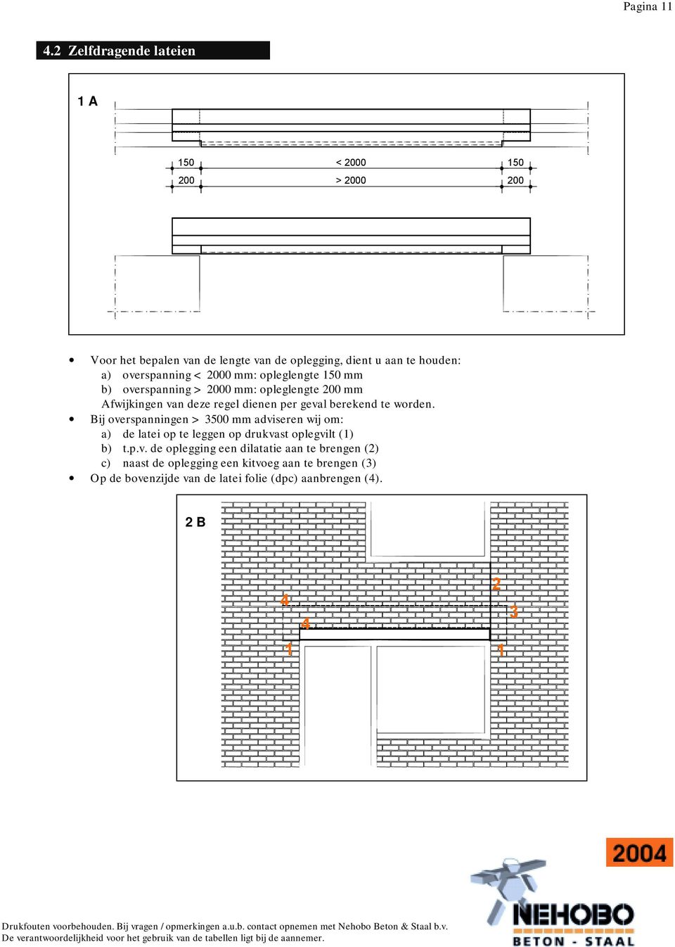 < 2000 mm: opleglengte 150 mm b) overspanning > 2000 mm: opleglengte 200 mm Afwijkingen van deze regel dienen per geval berekend te worden.