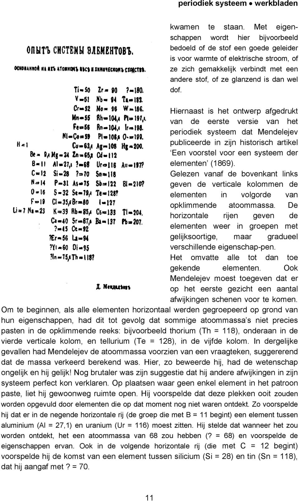 dof. Hiernaast is het ontwerp afgedrukt van de eerste versie van het periodiek systeem dat Mendelejev publiceerde in zijn historisch artikel Een voorstel voor een systeem der elementen (1869).