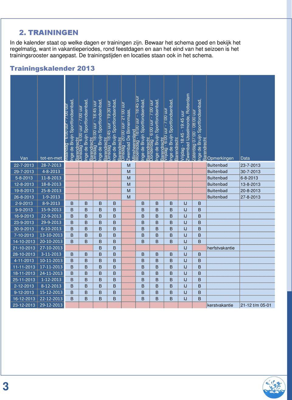 De trainingstijden en locaties staan ook in het schema.