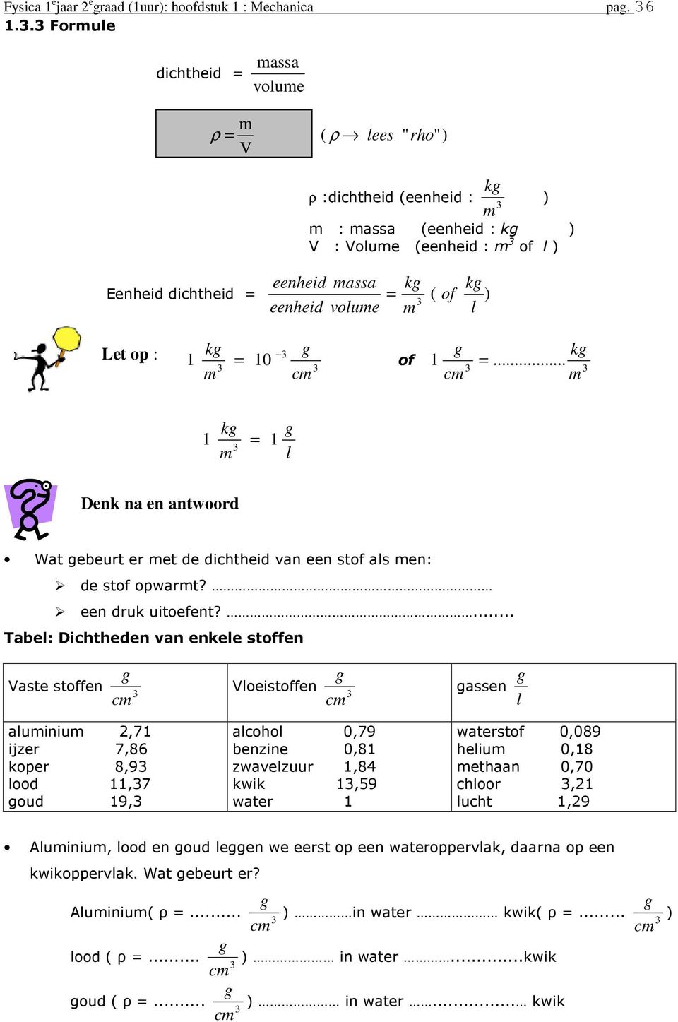 op : 1 k 10 = of k 1... = k 1 = 1 l Denk na en antwoord Wat ebeurt er et de dichtheid van een stof als en: de stof opwart? een druk uitoefent?