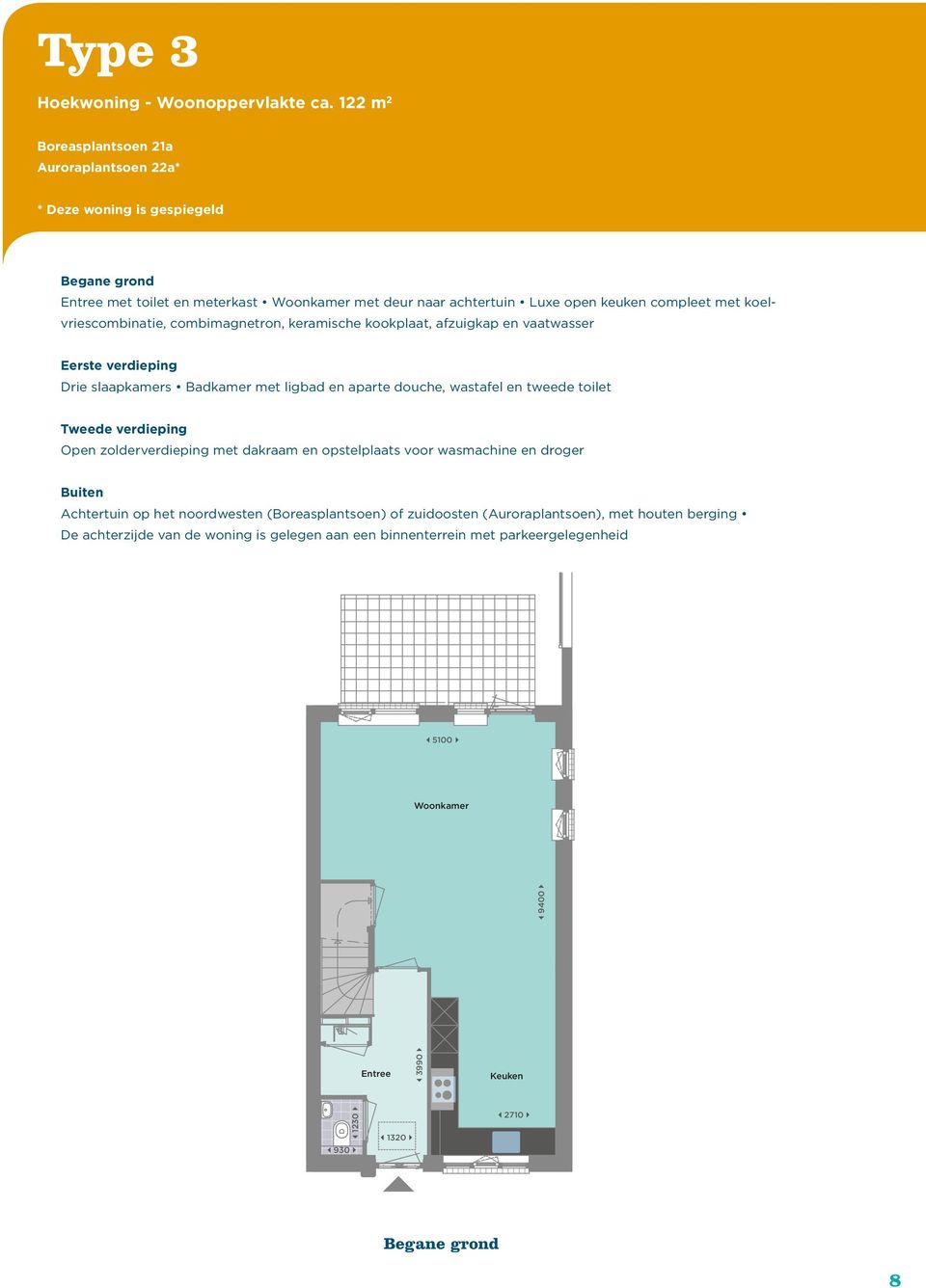 koelvriescombinatie, combimagnetron, keramische kookplaat, afzuigkap en vaatwasser Drie slaapkamers met ligbad en aparte douche, wastafel en tweede toilet Open