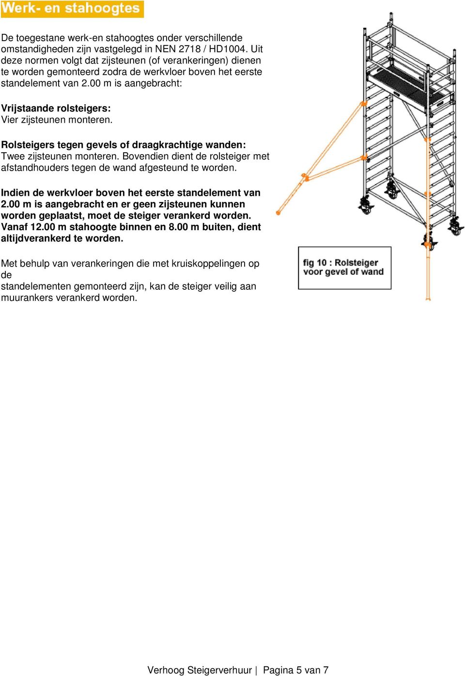 00 m is aangebracht: Vrijstaande rolsteigers: Vier zijsteunen monteren. Rolsteigers tegen gevels of draagkrachtige wanden: Twee zijsteunen monteren.