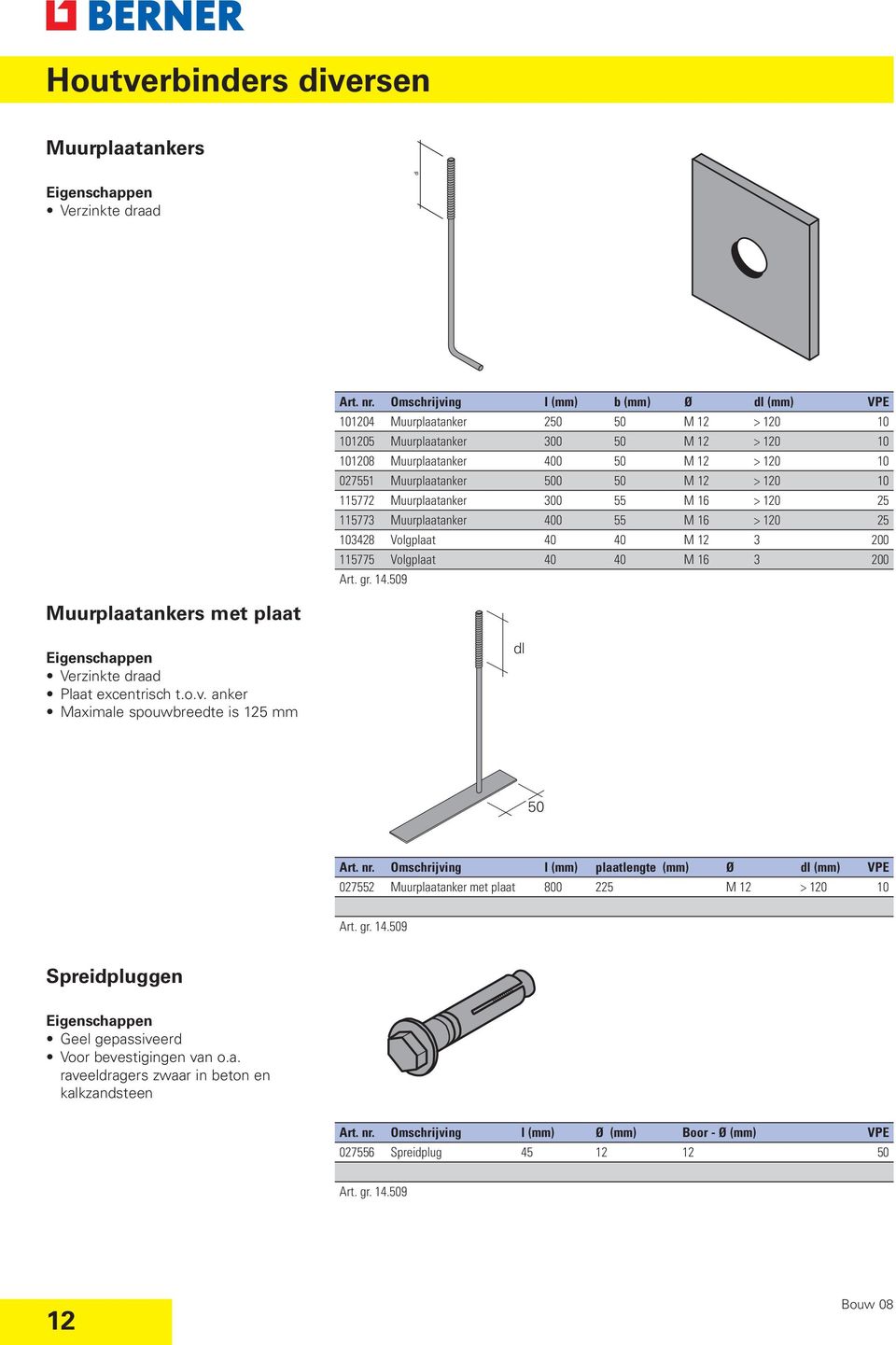 M 12 > 120 10 115772 Muurplaatanker 300 55 M 16 > 120 25 115773 Muurplaatanker 400 55 M 16 > 120 25 103428 Volgplaat 40 40 M 12 3 200 115775 Volgplaat 40 40 M 16 3 200 Verzinkte draad Plaat