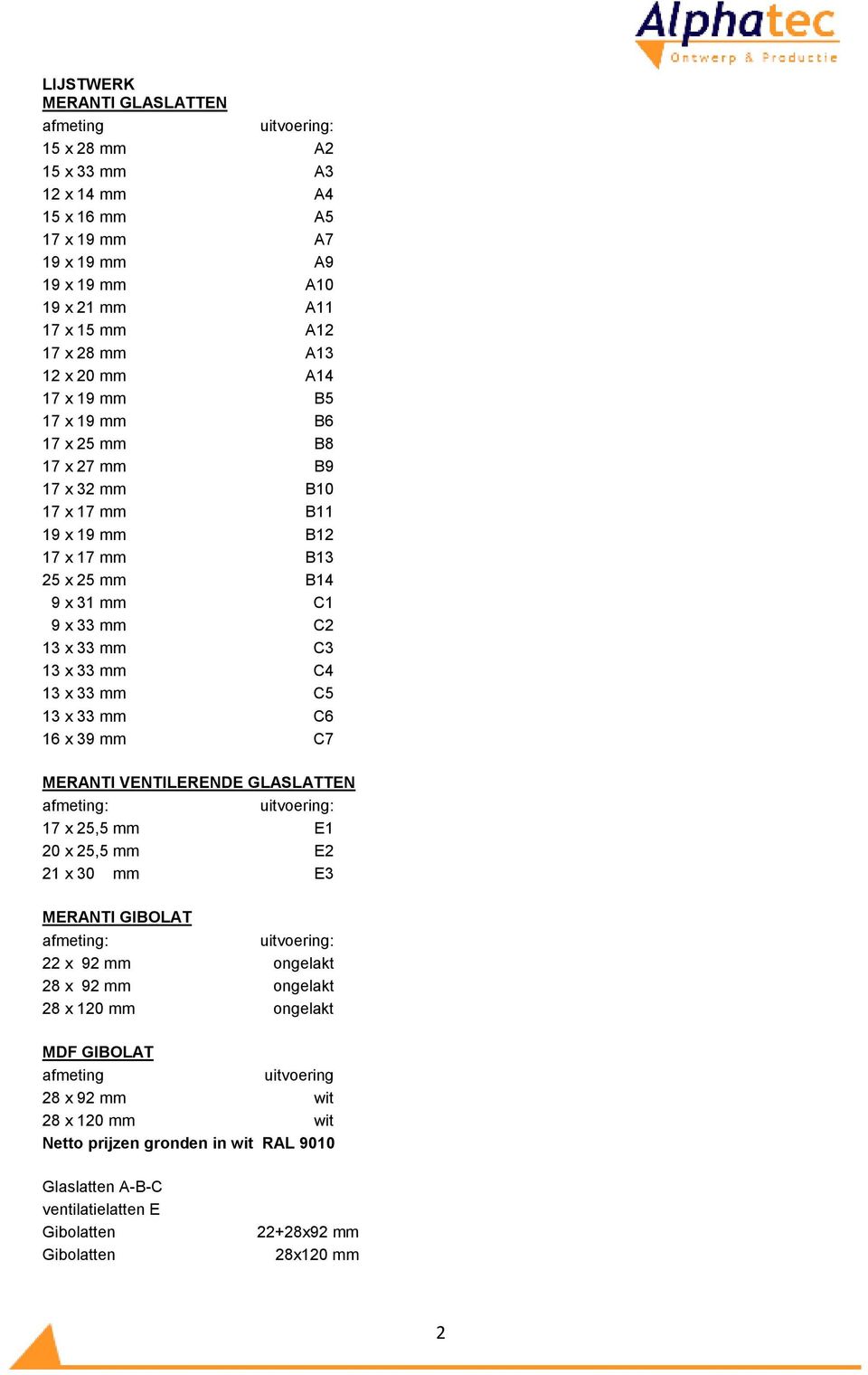 C5 13 x 33 mm C6 16 x 39 mm C7 MERANTI VENTILERENDE GLASLATTEN uitvoering: 17 x 25,5 mm E1 20 x 25,5 mm E2 21 x 30 mm E3 MERANTI GIBOLAT uitvoering: 22 x 92 mm ongelakt 28 x 92 mm ongelakt 28 x