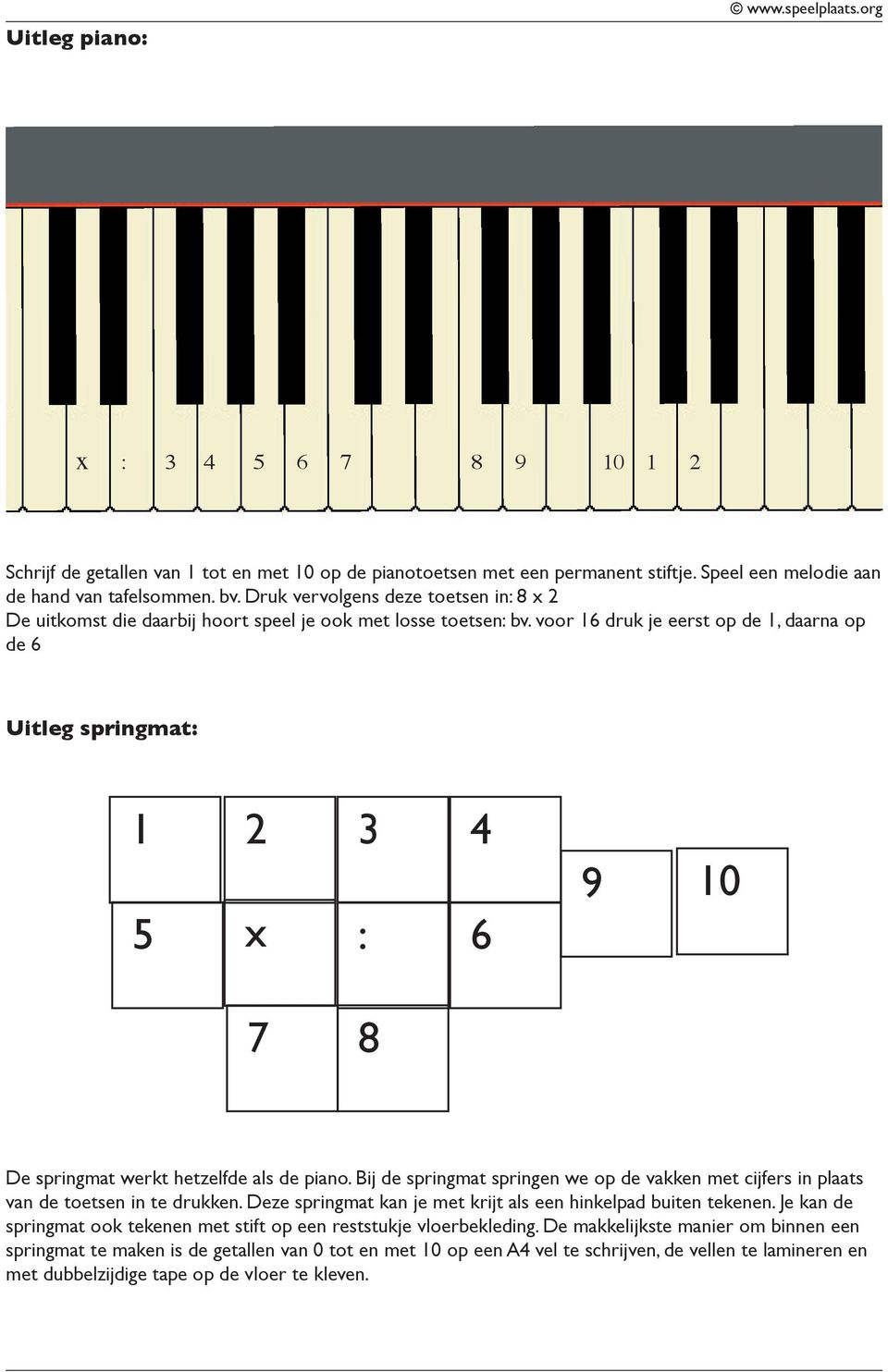 voor 16 druk je eerst op de 1, daarna op de 6 Uitleg springmat: 1 2 3 4 5 x : 6 9 10 7 8 De springmat werkt hetzelfde als de piano.