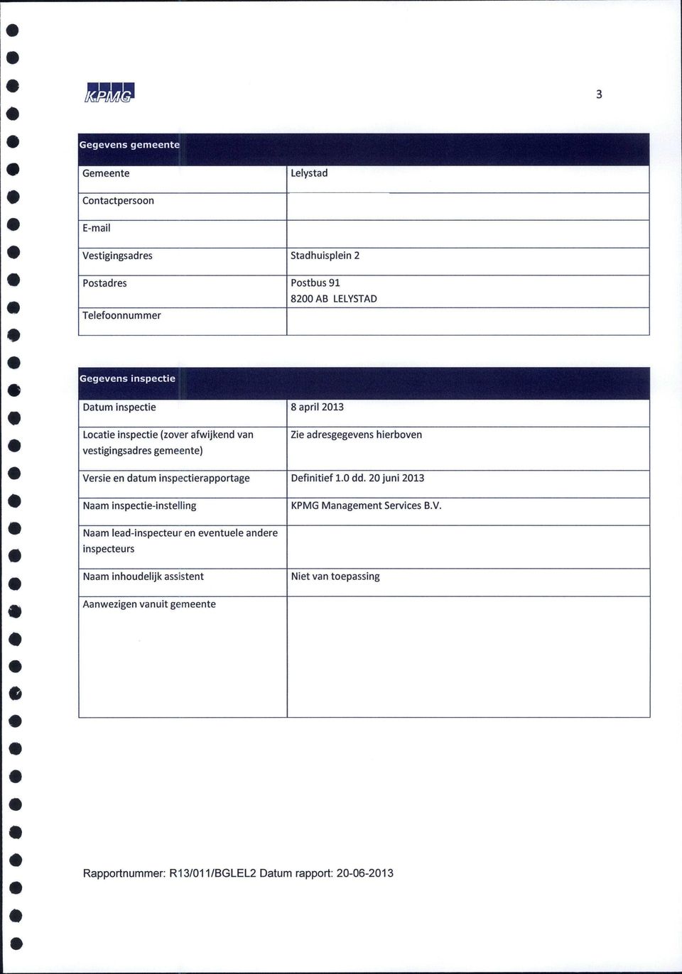 vestigingsadres gemeente) Zie adresgegevens hierboven Versie en datum inspectierapportage Definitief 1.0 dd.