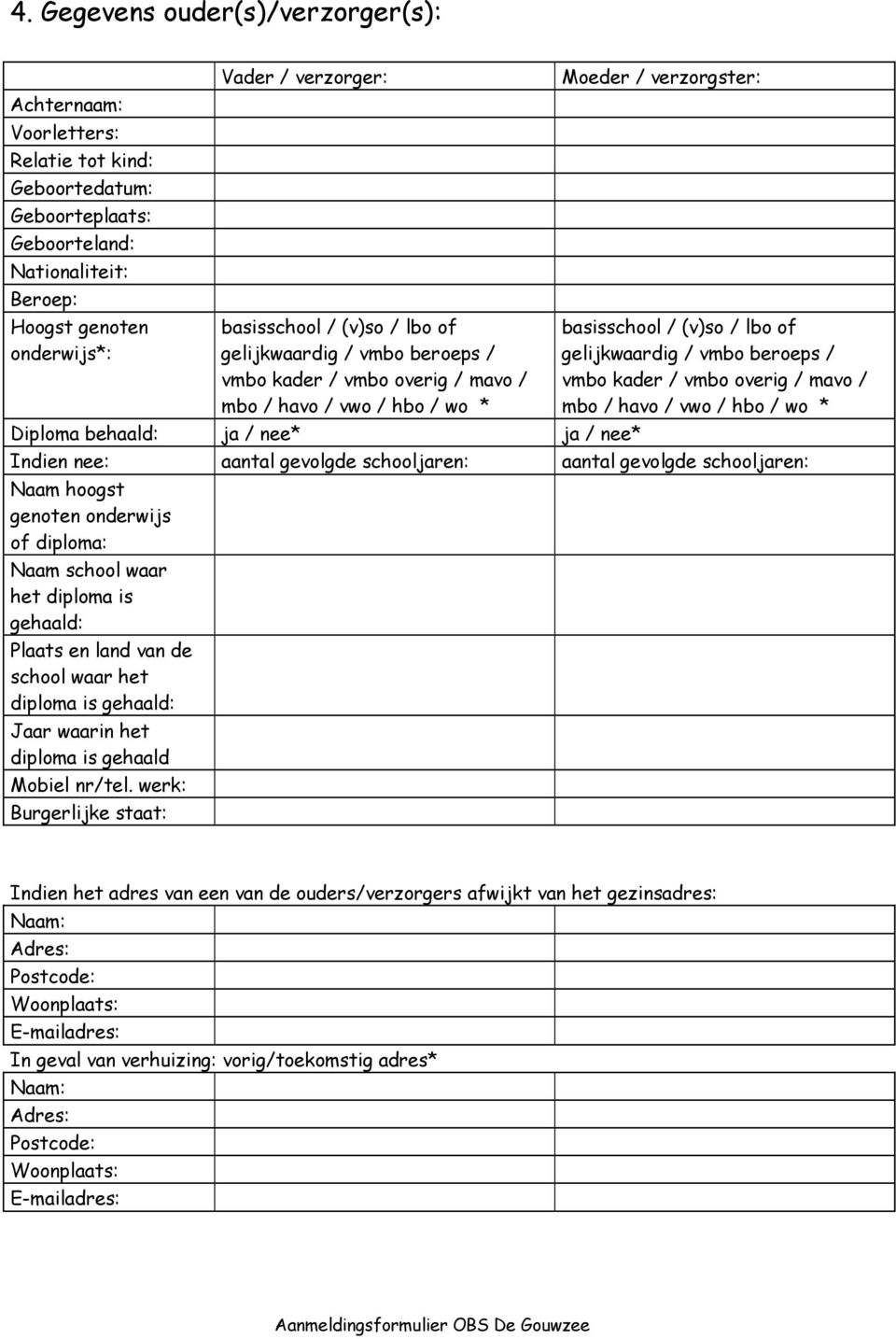 gelijkwaardig / vmbo beroeps / vmbo kader / vmbo overig / mavo / mbo / havo / vwo / hbo / wo * Indien nee: aantal gevolgde schooljaren: aantal gevolgde schooljaren: Naam hoogst genoten onderwijs of