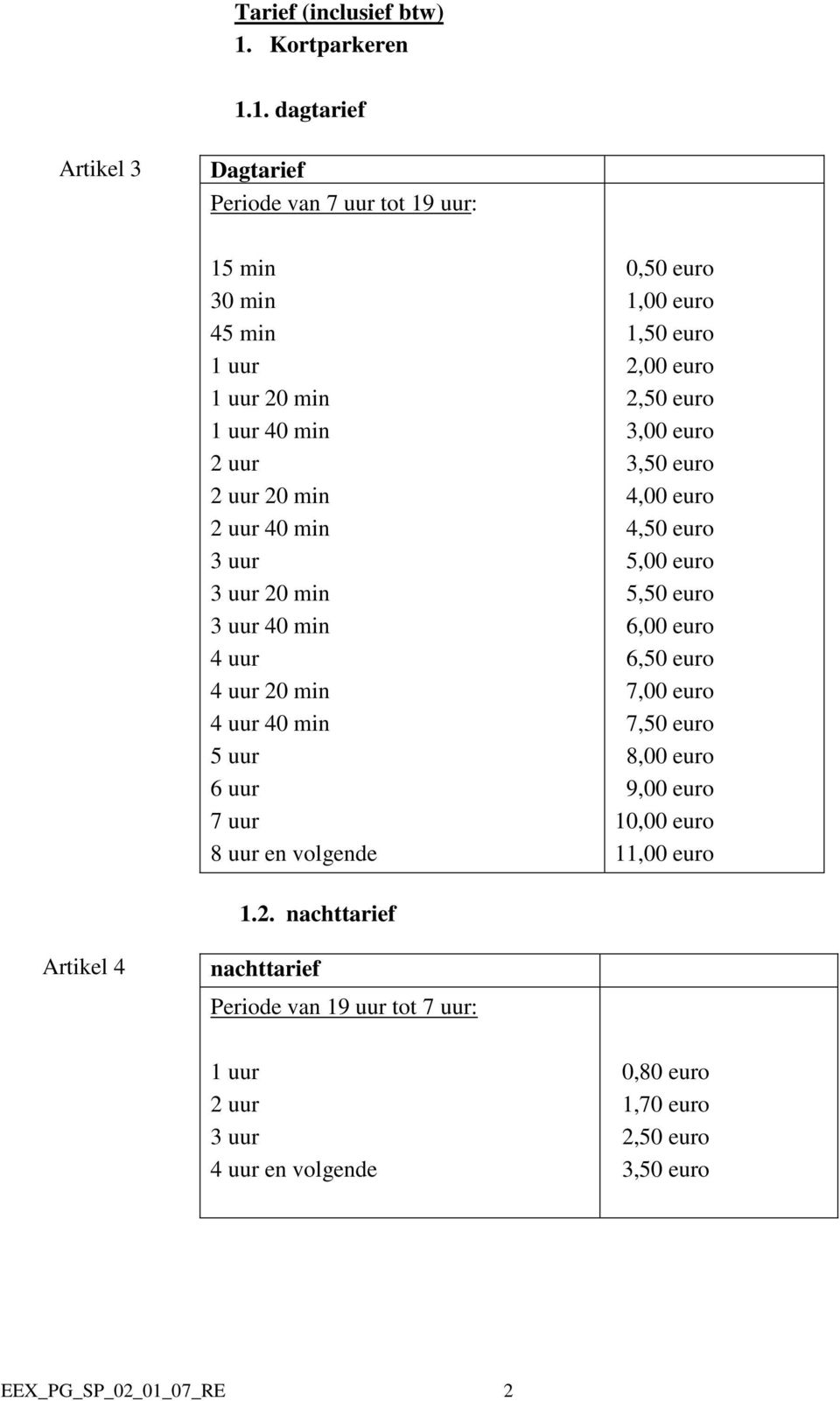 1. dagtarief Artikel 3 Dagtarief Periode van 7 uur tot 19 uur: 15 min 30 min 45 min 1 uur 1 uur 20 min 1 uur 40 min 2 uur 2 uur 20 min 2 uur 40 min 3 uur 3 uur 20