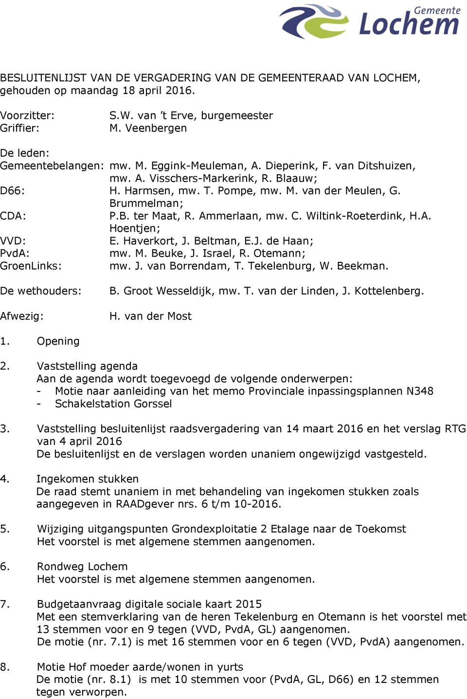 C. Wiltink-Roeterdink, H.A. Hoentjen; VVD: E. Haverkort, J. Beltman, E.J. de Haan; PvdA: mw. M. Beuke, J. Israel, R. Otemann; GroenLinks: mw. J. van Borrendam, T. Tekelenburg, W. Beekman.