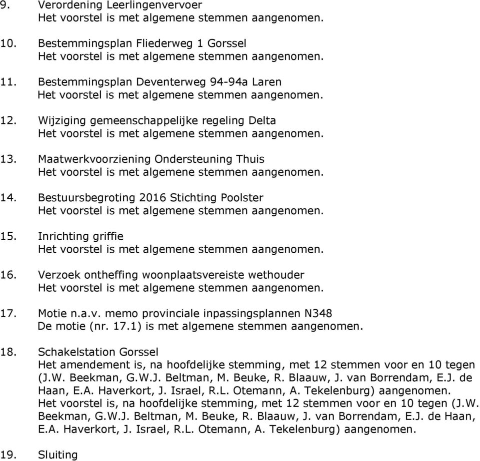 17.1) is met algemene stemmen aangenomen. 18. Schakelstation Gorssel Het amendement is, na hoofdelijke stemming, met 12 stemmen voor en 10 tegen (J.W. Beekman, G.W.J. Beltman, M. Beuke, R. Blaauw, J.