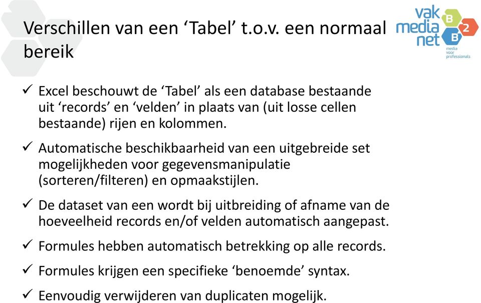 een normaal bereik Excel beschouwt de Tabel als een database bestaande uit records en velden in plaats van (uit losse cellen bestaande) rijen en