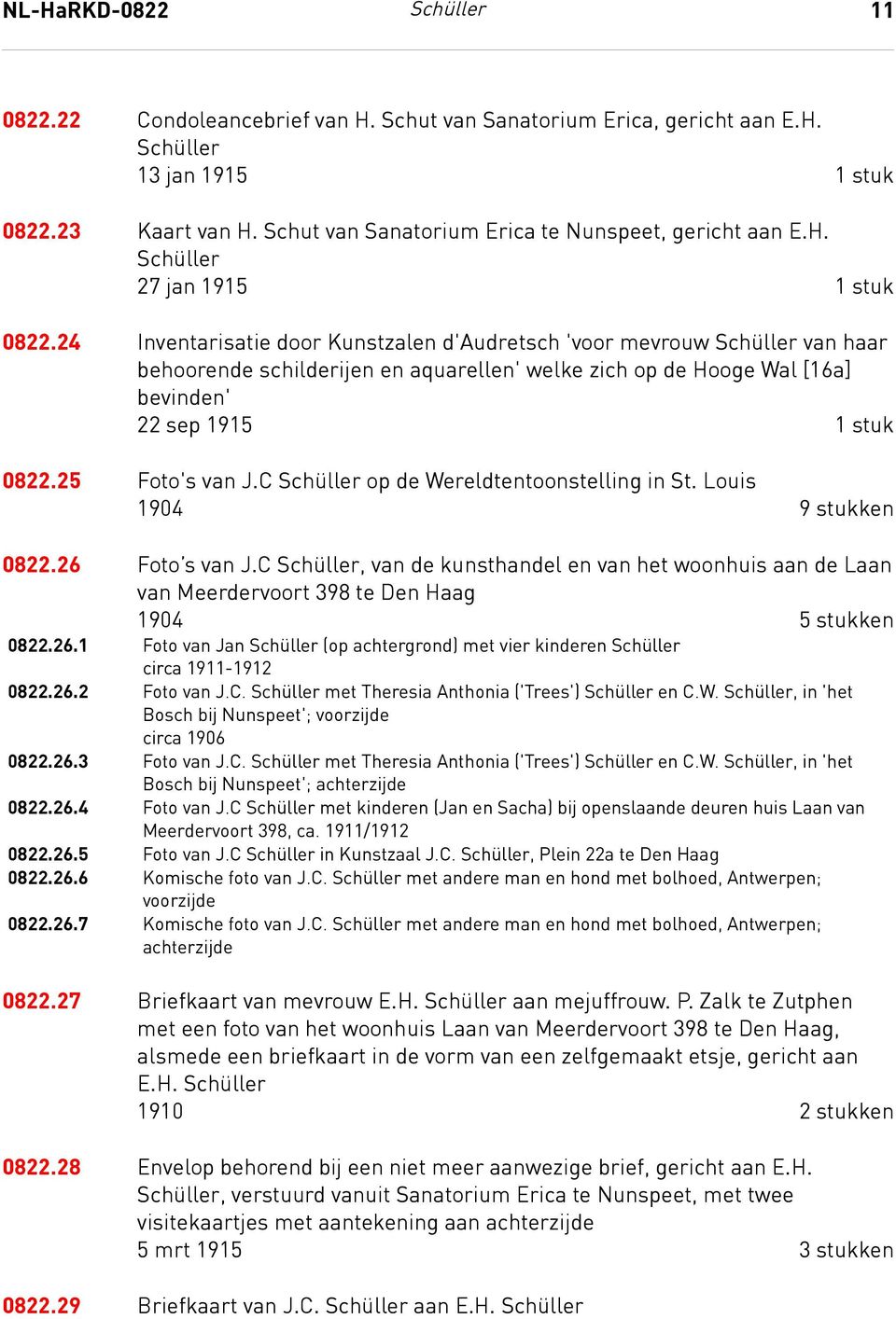 24 Inventarisatie door Kunstzalen d'audretsch 'voor mevrouw Schüller van haar behoorende schilderijen en aquarellen' welke zich op de Hooge Wal [16a] bevinden' 22 sep 1915 1 stuk 0822.25 Foto's van J.