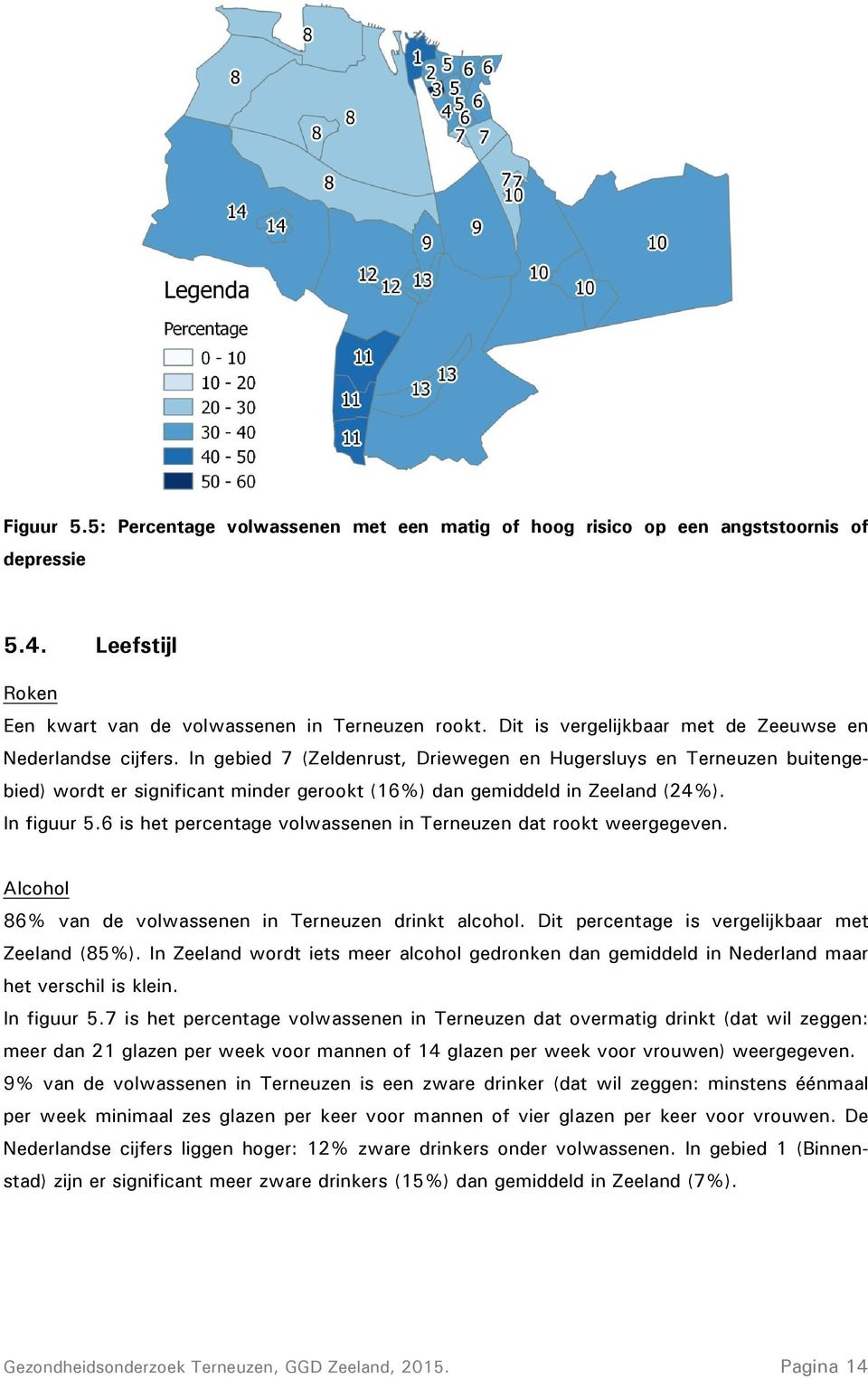 In gebied 7 (Zeldenrust, Driewegen en Hugersluys en Terneuzen buitengebied) wordt er significant minder gerookt (16%) dan gemiddeld in Zeeland (24%). In figuur 5.