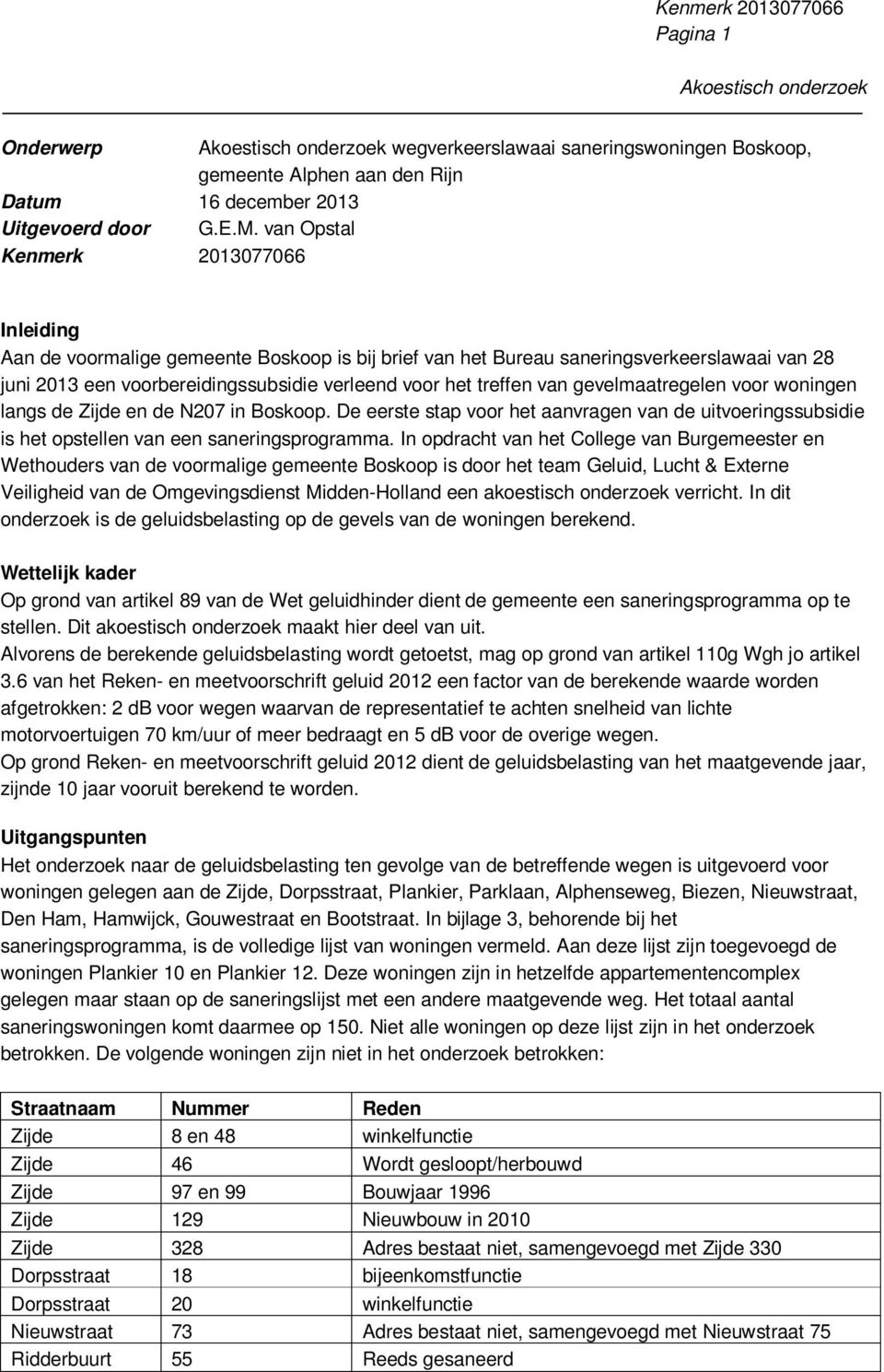 van gevelmaatregelen voor woningen langs de Zijde en de N207 in Boskoop. De eerste stap voor het aanvragen van de uitvoeringssubsidie is het opstellen van een saneringsprogramma.