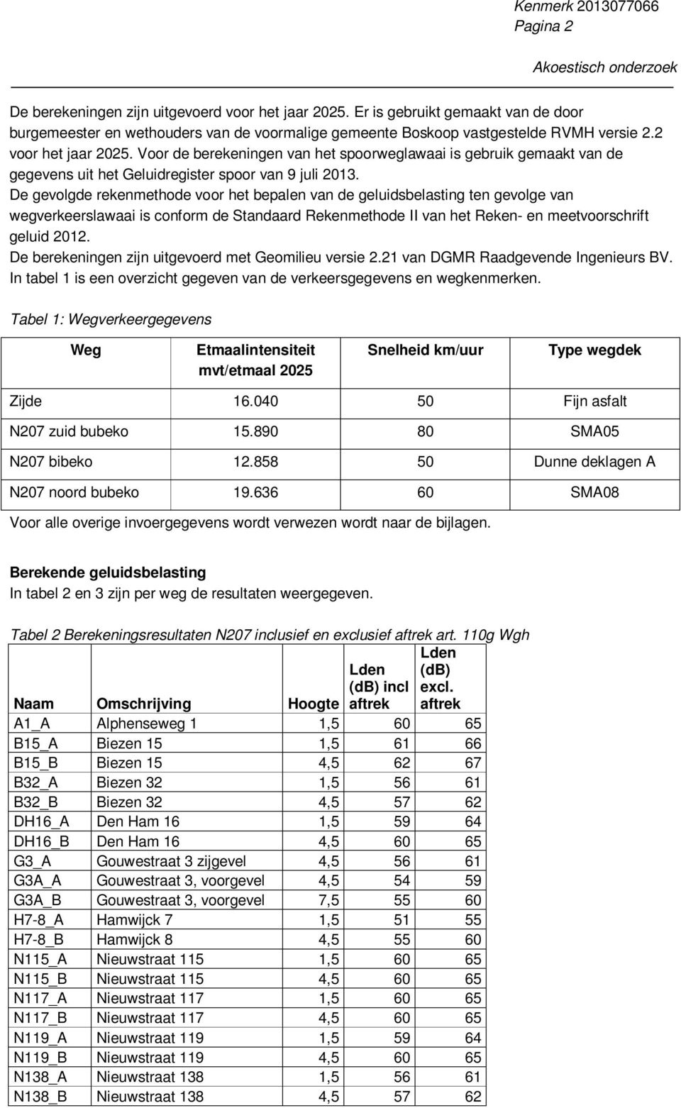 De gevolgde rekenmethode voor het bepalen van de geluidsbelasting ten gevolge van wegverkeerslawaai is conform de Standaard Rekenmethode II van het Reken- en meetvoorschrift geluid 2012.