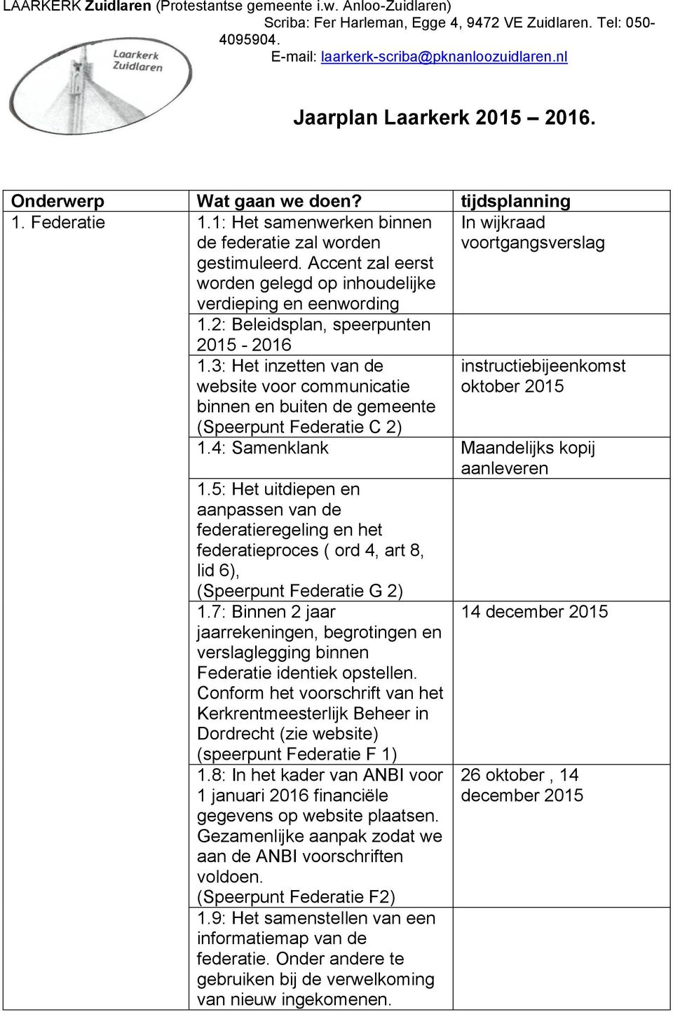 Accent zal eerst worden gelegd op inhoudelijke verdieping en eenwording 1.2: Beleidsplan, speerpunten 2015-2016 1.