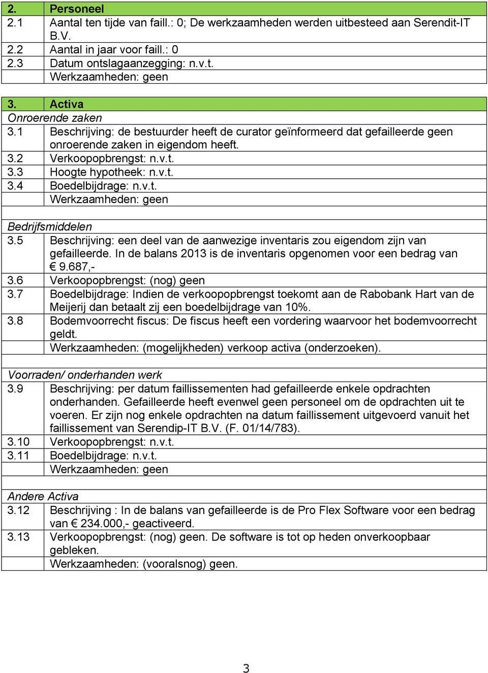 v.t. Bedrijfsmiddelen 3.5 Beschrijving: een deel van de aanwezige inventaris zou eigendom zijn van gefailleerde. In de balans 2013 is de inventaris opgenomen voor een bedrag van 9.687,- 3.