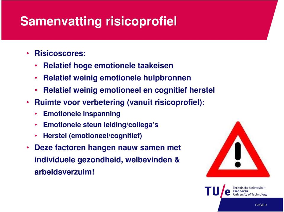 (vanuit risicoprofiel): Emotionele inspanning Emotionele steun leiding/collega s Herstel