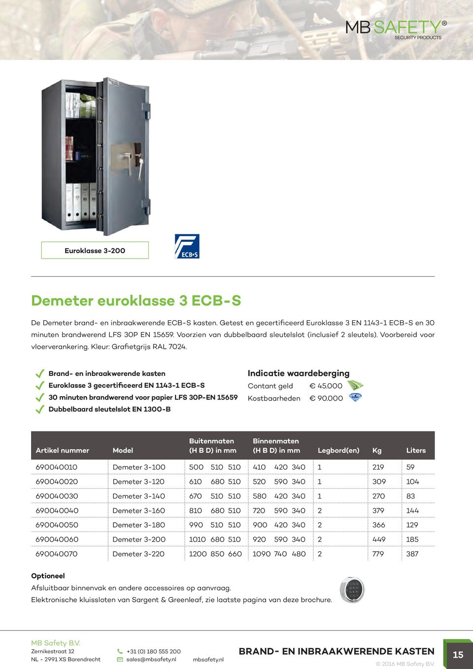 Euroklasse 3 gecertificeerd EN 1143-1 ECB-S 30 minuten brandwerend voor papier LFS 30P-EN 15659 Dubbelbaard sleutelslot EN 1300-B Contant geld 45.000 Kostbaarheden 90.