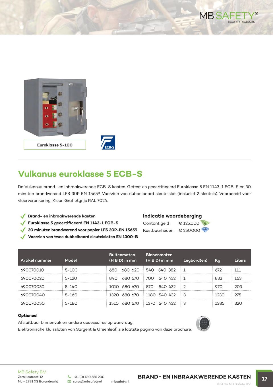 Euroklasse 5 gecertificeerd EN 1143-1 ECB-S 30 minuten brandwerend voor papier LFS 30P-EN 15659 Voorzien van twee dubbelbaard sleutelsloten EN 1300-B Contant geld 125.000 Kostbaarheden 250.