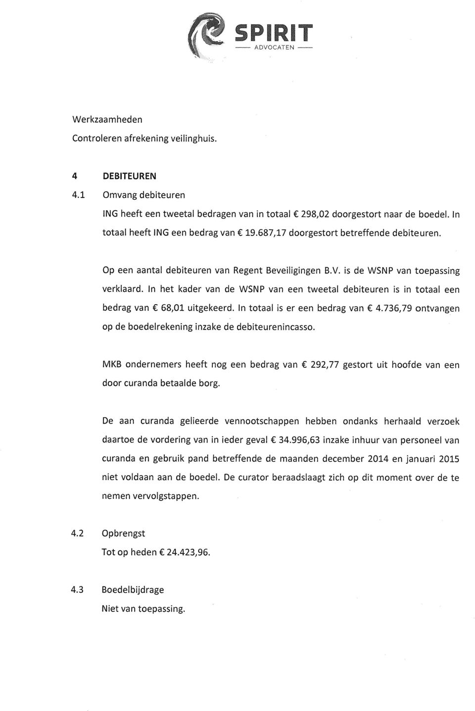 In het kader van de WSNP van een tweetal debiteuren is in totaal een bedrag van 68,01 uitgekeerd. In totaal is er een bedrag van 4.736,79 ontvangen op de boedelrekening inzake de debiteurenincasso.