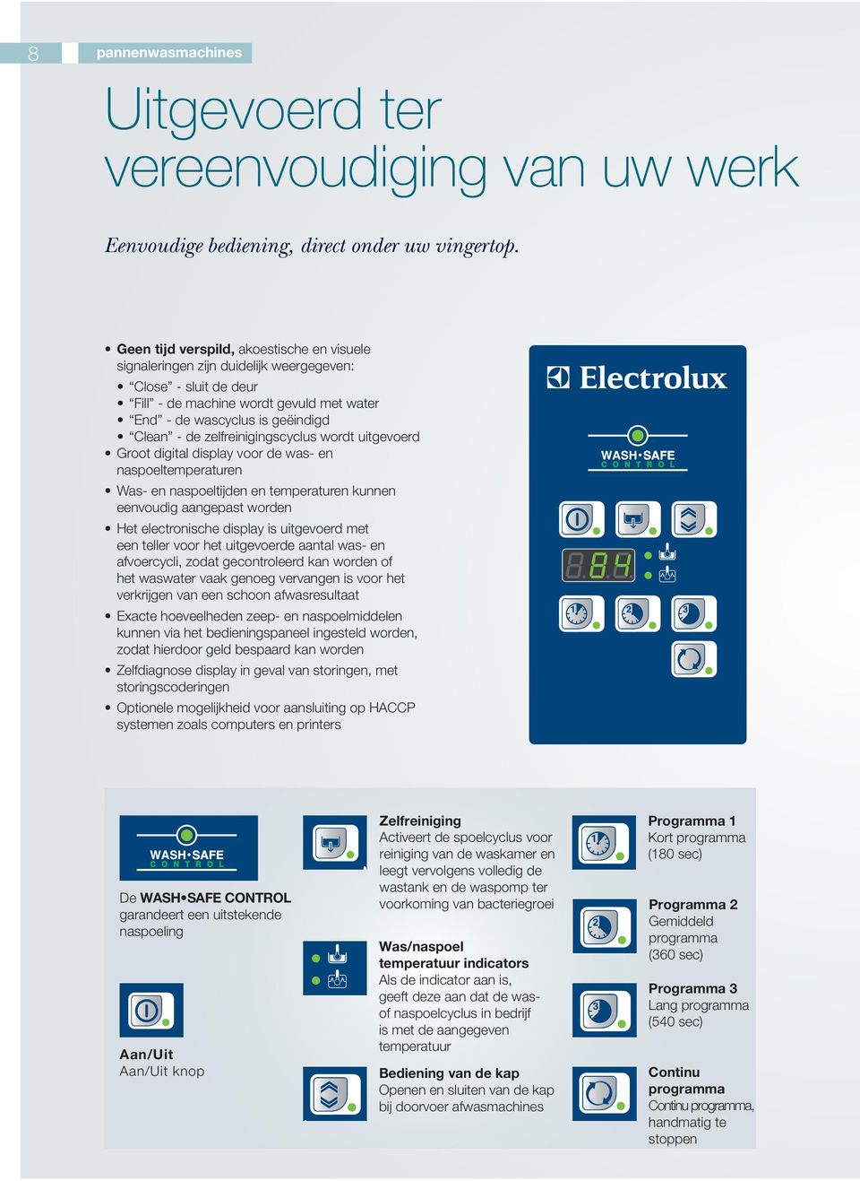 zelfreinigingscyclus wordt uitgevoerd Groot digital display voor de was- en naspoeltemperaturen Was- en naspoeltijden en temperaturen kunnen eenvoudig aangepast worden Het electronische display is