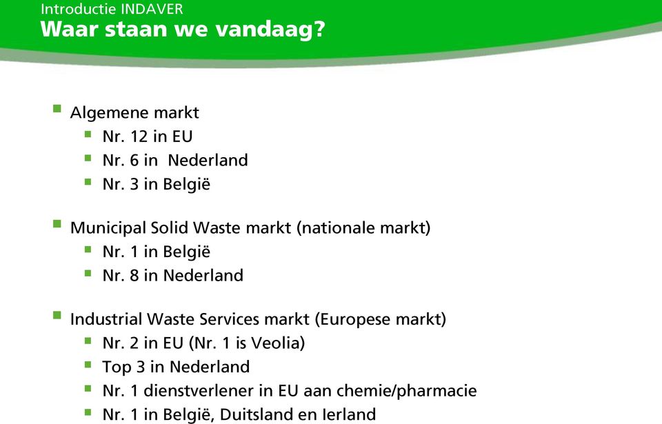 8 in Nederland Industrial Waste Services markt (Europese markt) Nr. 2 in EU (Nr.