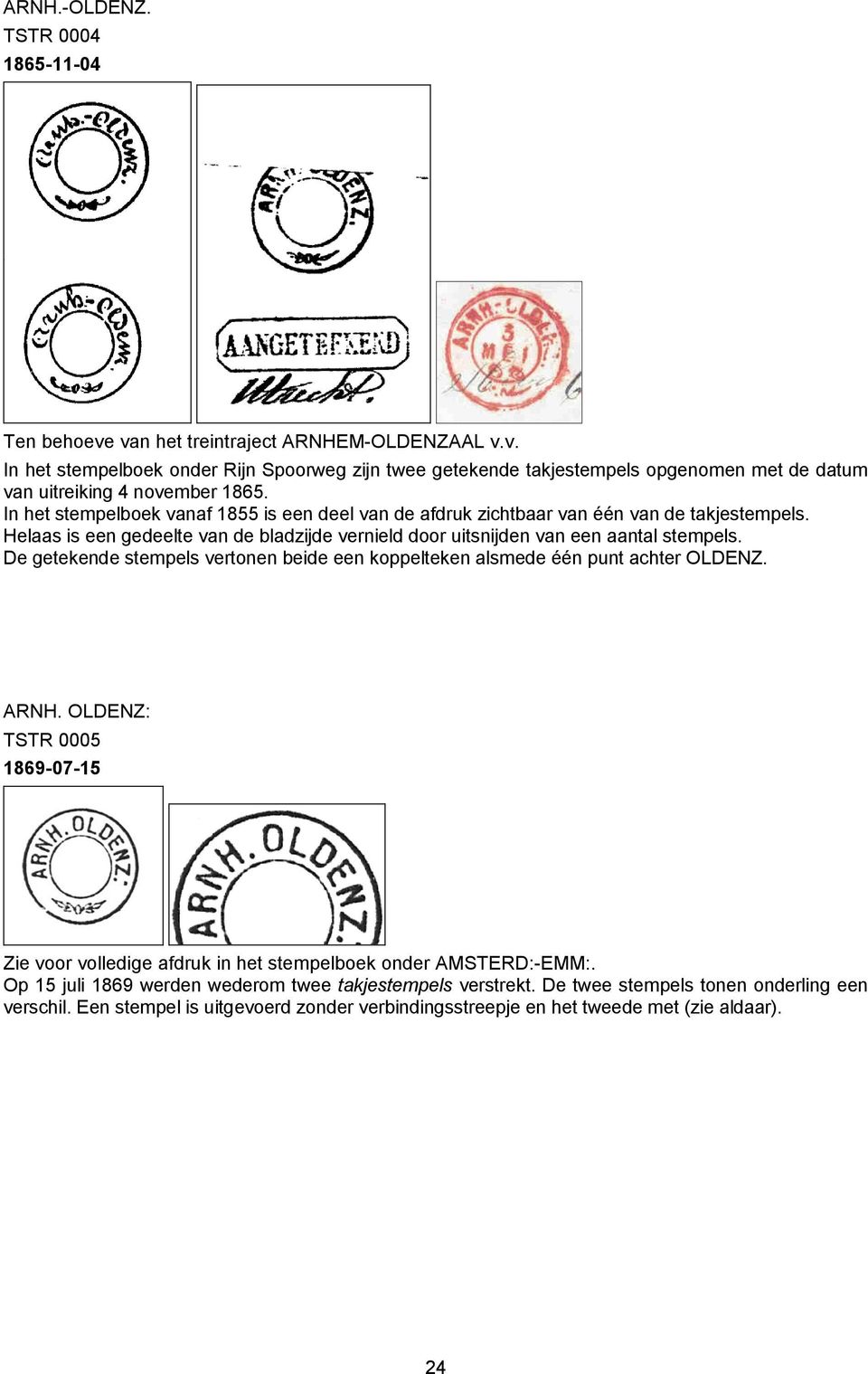 De getekende stempels vertonen beide een koppelteken alsmede één punt achter OLDENZ. ARNH. OLDENZ: TSTR 0005 1869-07-15 Zie voor volledige afdruk in het stempelboek onder AMSTERD:-EMM:.