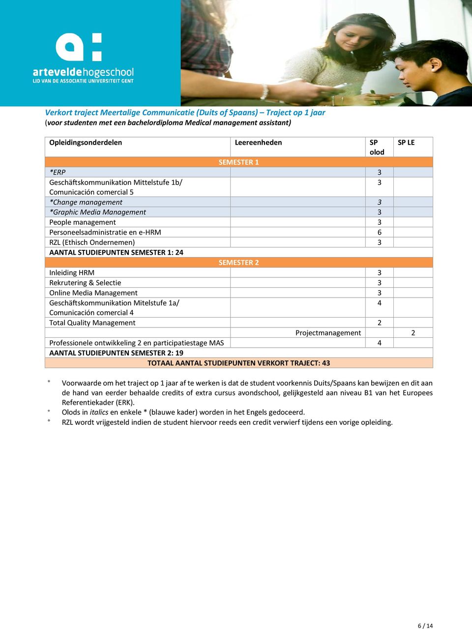 Ondernemen) AANTAL STUDIEPUNTEN SEMESTER 1: 24 SEMESTER 2 Inleiding HRM Rekrutering & Selectie Online Media Management Geschäftskommunikation Mitelstufe 1a/ 4 Comunicación comercial 4 Total Quality