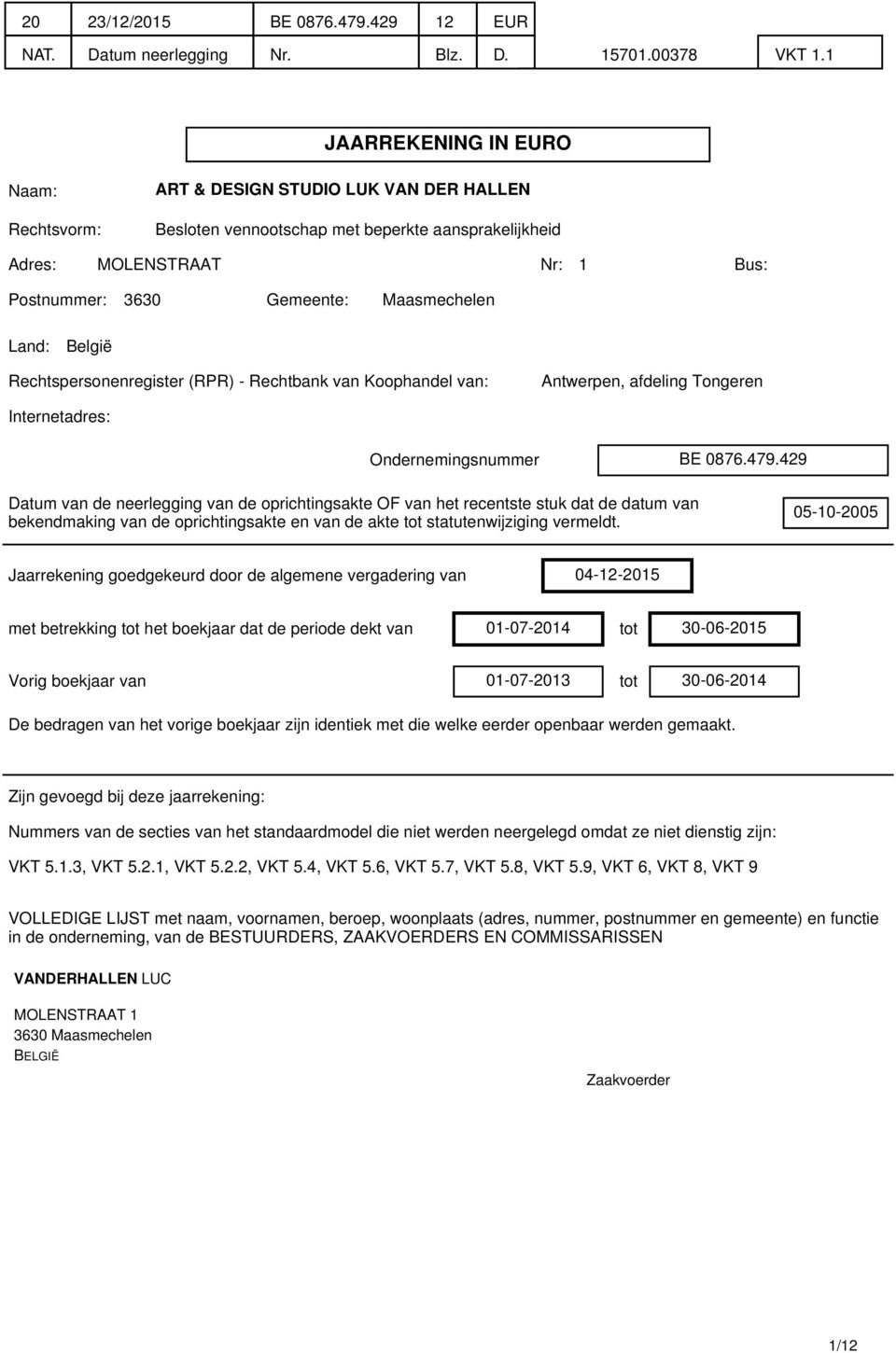 Maasmechelen Land: België Rechtspersonenregister (RPR) - Rechtbank van Koophandel van: Antwerpen, afdeling Tongeren Internetadres: Ondernemingsnummer BE 0876.479.
